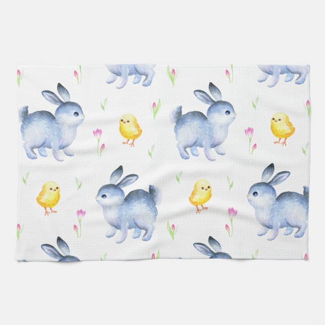 Rabbit & Chicks Lover Gift, Happy Easter Pattern Tea Towel (Horizontal)
