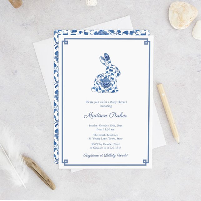 Rabbit Chinoiserie Chic Blue And White Baby Shower Invitation (Bunny Rabbit Blue And White Chinoiserie Pattern Baby Shower Invitation)