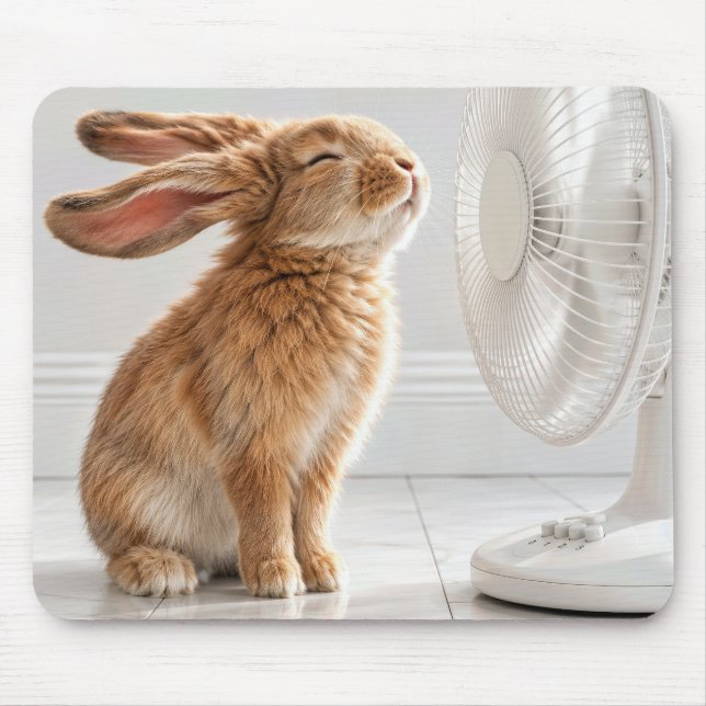 Rabbit Cooling Off in Front of White Fan Mouse Mat (Front)
