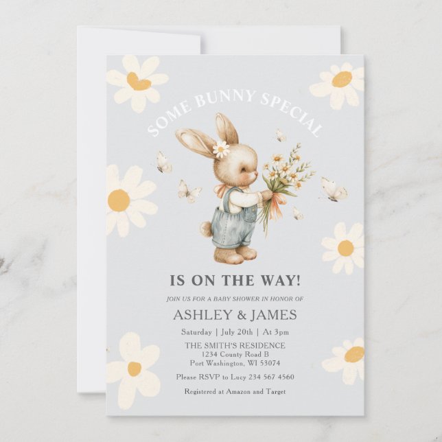 Rabbit Daisy Floral Some Bunny is on the Way Invitation (Front)