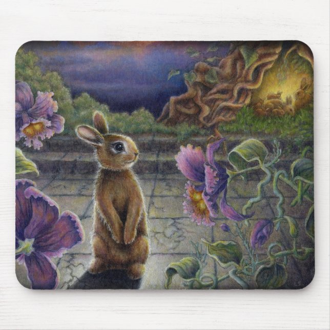 Rabbit Dreams Mousepad Fantasy Flowers Bunnies (Front)