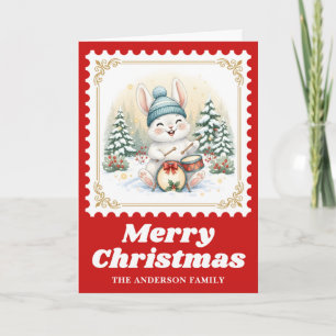 Rabbit Drums Retro Postage Stamp Christmas Music Holiday Card