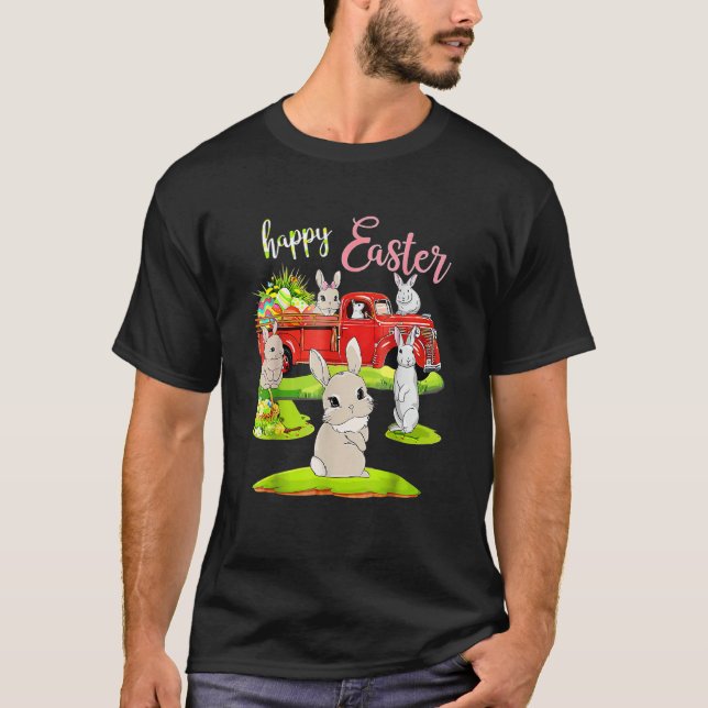 Rabbit Easter Day Riding Red Truck Funny Love Bunn T-Shirt (Front)