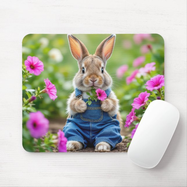 Rabbit Eating Petunia Flowers Mouse Mat (With Mouse)