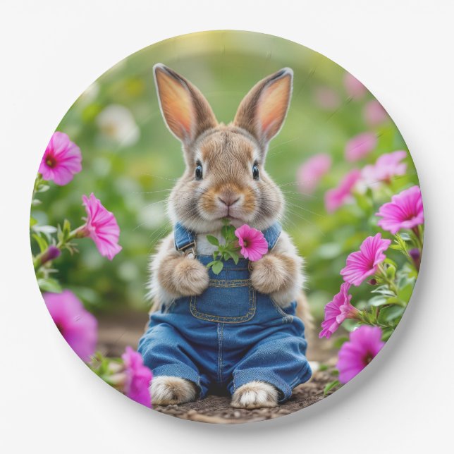 Rabbit Eating Pink Petunia Flowers Paper Plate (Front)