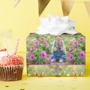 Rabbit Eating Pink Petunia Flowers Wrapping Paper