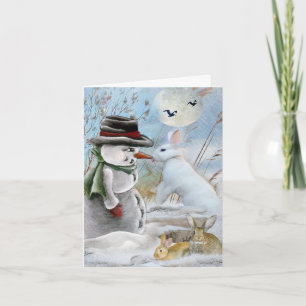 Rabbit Eating Snowman's Nose Holiday Card