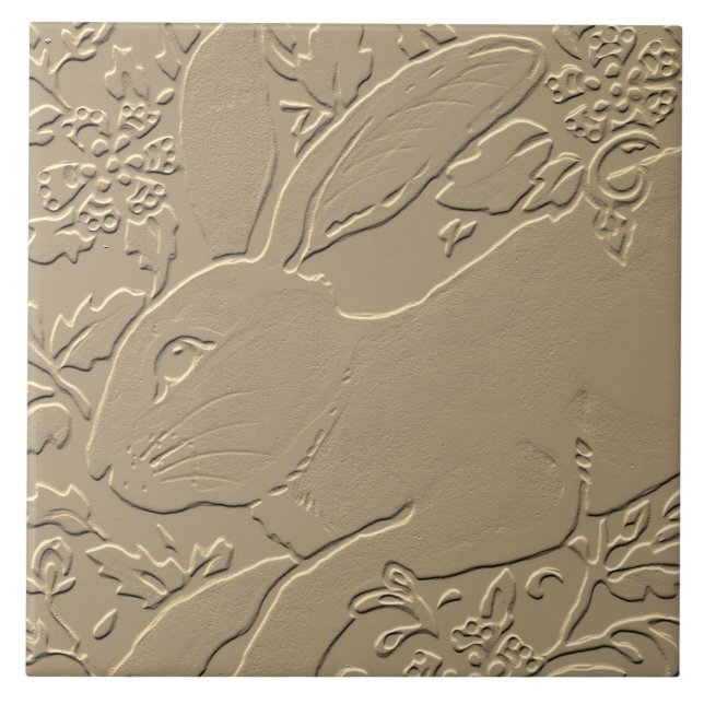 Rabbit Embossed Design Tan Floral Bunny Easter Art Tile (Front)