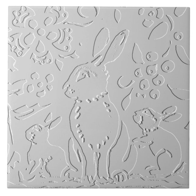 Rabbit Embossed White Grey Woodland Foliage Floral Tile (Front)