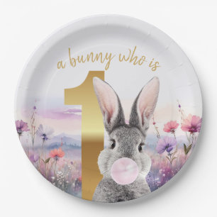 Rabbit First Birthday blowing pink gum Paper Plate