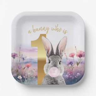Rabbit First Birthday blowing pink gum Paper Plate