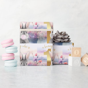 Rabbit First Birthday blowing pink gum Wrapping Paper