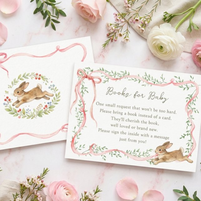 Rabbit Floral Pink Bow Baby Shower Book Request Enclosure Card (Creator Uploaded)