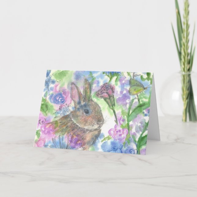 Rabbit Flower Garden Happy Easter Holiday Card (Front)