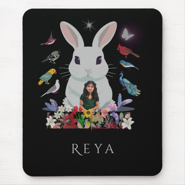 Rabbit, Flowers & Birds Personalised Design Mouse Mat (Front)