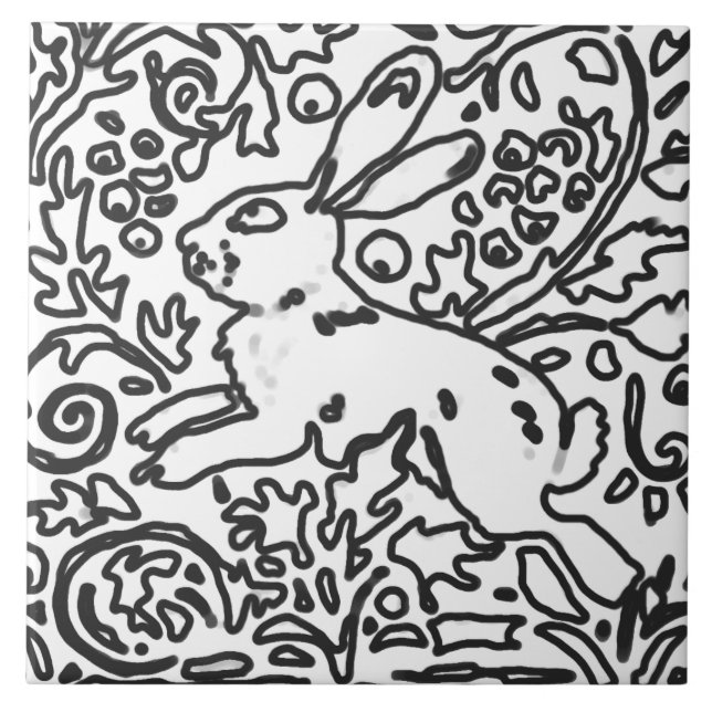 Rabbit Foliage Black White Drawing Woodland Animal Tile (Front)