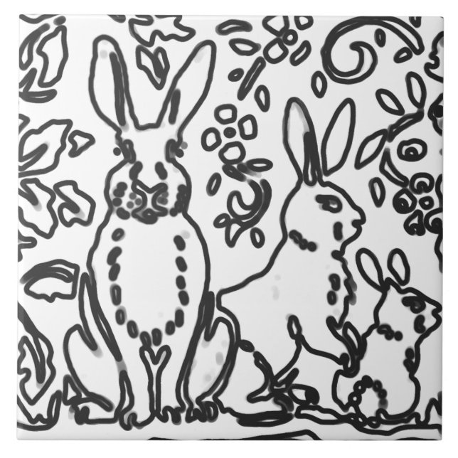 Rabbit Foliage Black White Drawing Woodland Animal Tile (Front)