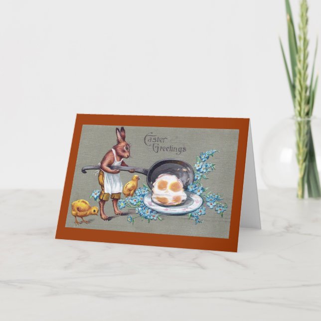 Rabbit Frying Eggs Vintage Easter Holiday Card (Front)