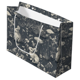 Rabbit Garden Botanical Black Toile Pattern Large Gift Bag