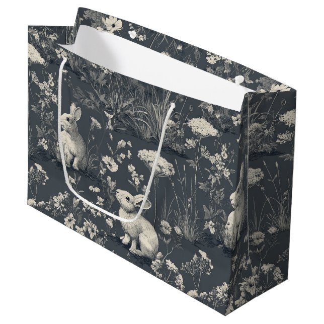 Rabbit Garden Botanical Black Toile Pattern Large Gift Bag (Front Angled)