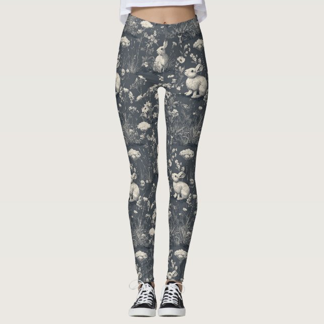 Rabbit Garden Botanical Black Toile Pattern Leggings (Front)