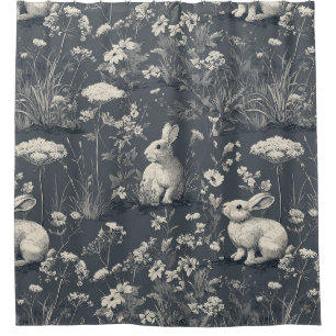 Rabbit Garden Botanical Black Toile Pattern Shower Curtain