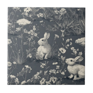 Rabbit Garden Botanical Black Toile Pattern Tile
