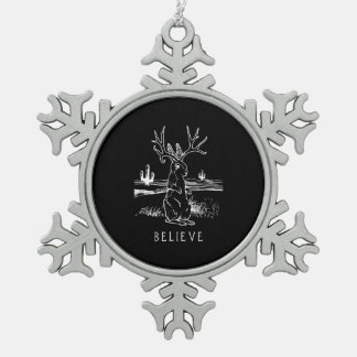 Rabbit Gift | Believe Jackalope Snowflake Pewter Christmas Ornament