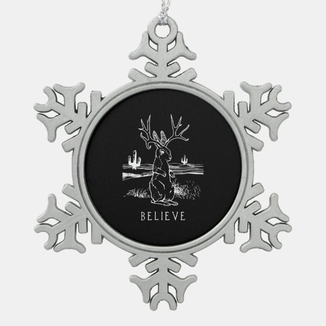 Rabbit Gift | Believe Jackalope Snowflake Pewter Christmas Ornament (Front)