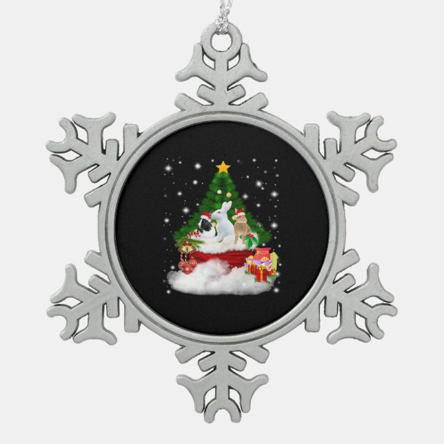 Rabbit Gift | Merry Christmas Rabbits Lovely Gift Snowflake Pewter Christmas Ornament (Front)
