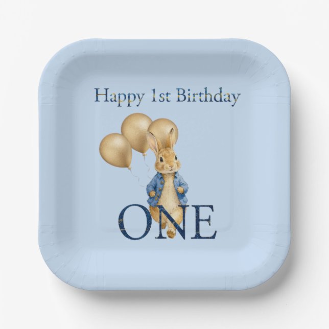 Rabbit Gold Balloons First Birthday  Paper Plate (Front)