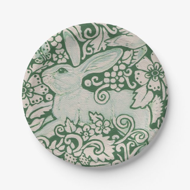 Rabbit Green Woodland Bunny Hare Painting Art Paper Plate (Front)