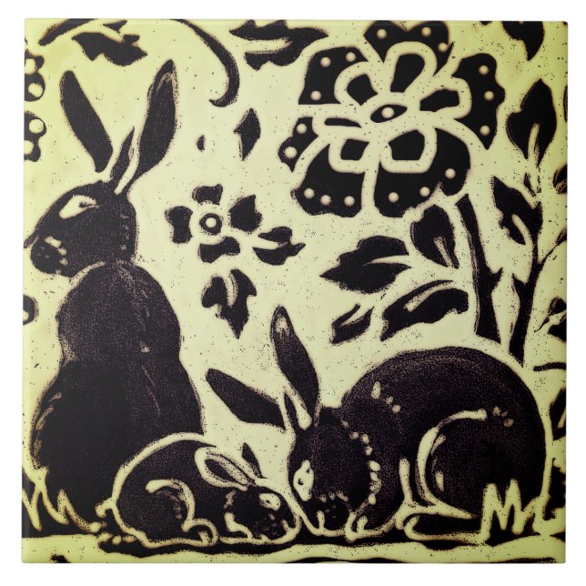Rabbit Grey Green Stoneware Foliage Woodland Art Tile (Front)