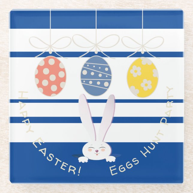 Rabbit Happy Easter Eggs Hunt Spring Party Modern Glass Coaster (Front)
