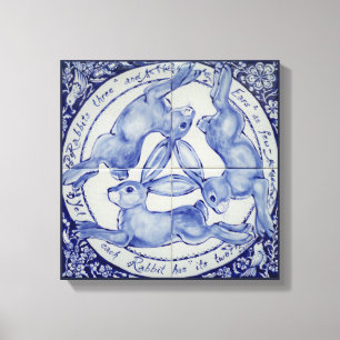 Rabbit Hare Bird Tile Medallion Art Blue & White Canvas Print