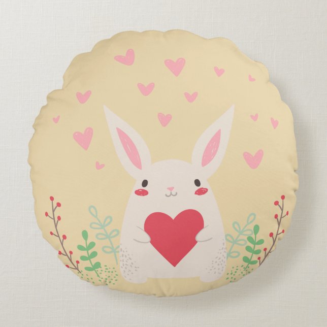 Rabbit heart cute valentine round cushion (Front)