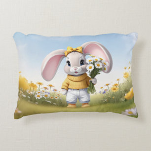 Rabbit holding bouquet of white daisies decorative cushion