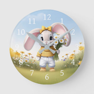 Rabbit holding bouquet of white daisies round clock