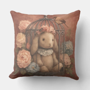 Rabbit in a Cage with Flowers, Vintage, Shabby Ch Cushion