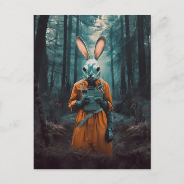 Rabbit in a gas mask in the woods postcard (Front)