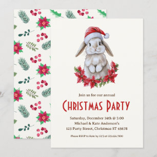 Rabbit in a Santa Hat Poinsettias Christmas Party Invitation