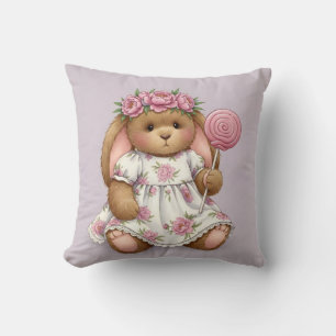 Rabbit in a White Dress with a Pink Lollipop Cushion