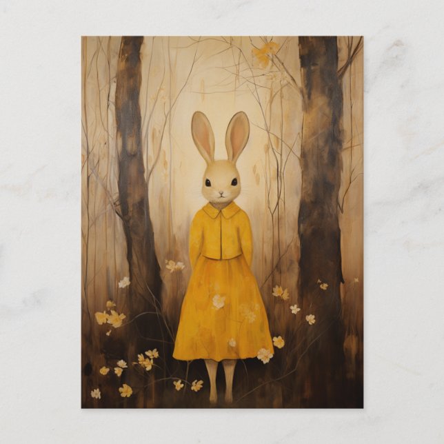 Rabbit in a yellow dress in the woods postcard (Front)