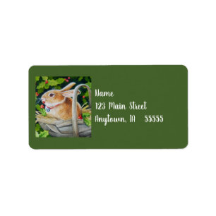 Rabbit in Basket with Holly Sprigs Watercolor Art Label