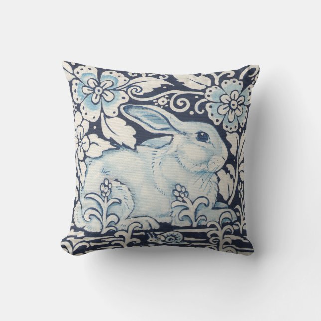 Rabbit in Garden with Flowers & Snail Navy Blue Cushion (Front)