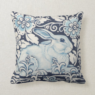 Rabbit in Garden with Flowers & Snail Navy Blue Cushion