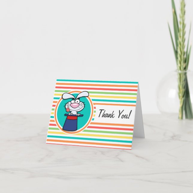 Rabbit in Hat on Bright Rainbow Stripes Thank You Card (Front)