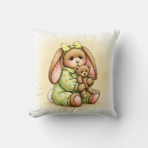 Rabbit in Pyjamas with a Plush Teddy Cushion