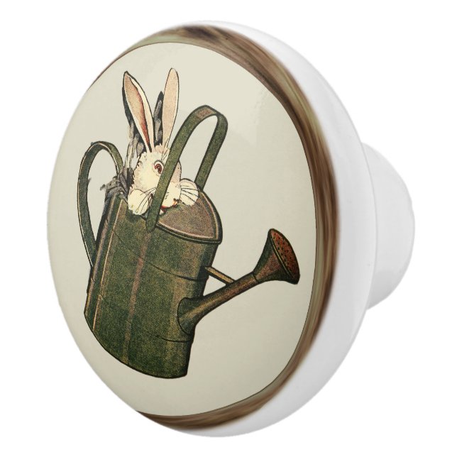 RABBIT IN WATERING CAN TAN RING BORDER CERAMIC KNOB (Right)