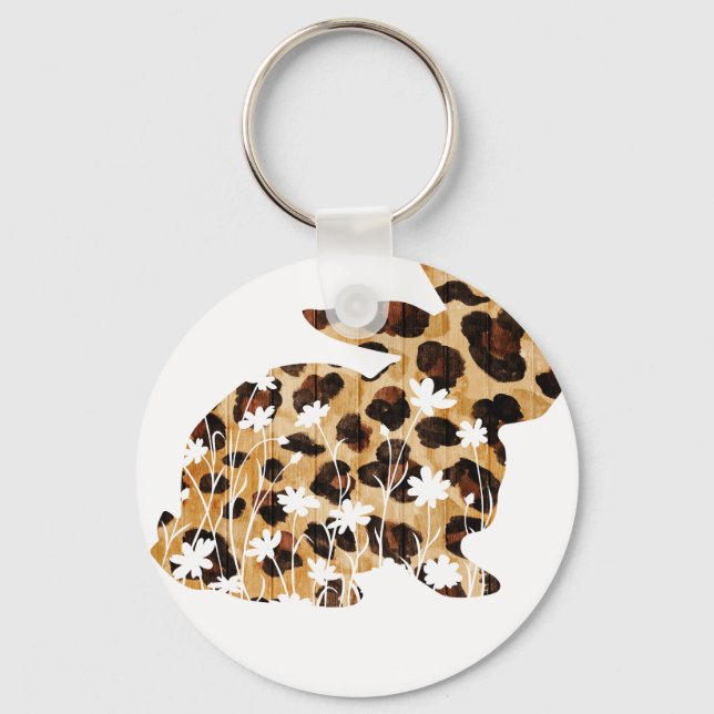 rabbit lepard flower, retro, vintage key ring (Front)